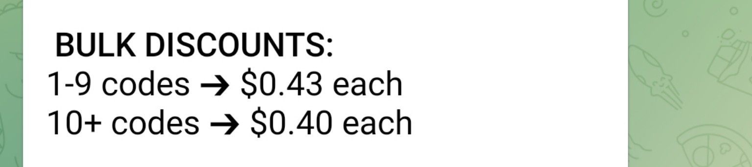 Supplier screenshot showing bulk discounts: 1–9 codes at $0.43 each, 10 or more codes at $0.40 each